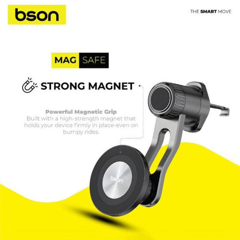 A Bson Titan Grip MagSafe Car Phone Holder with a circular magnetic base and adjustable arm, shown on a white and yellow graphic background with text highlighting strong magnetism and MagSafe compatibility.