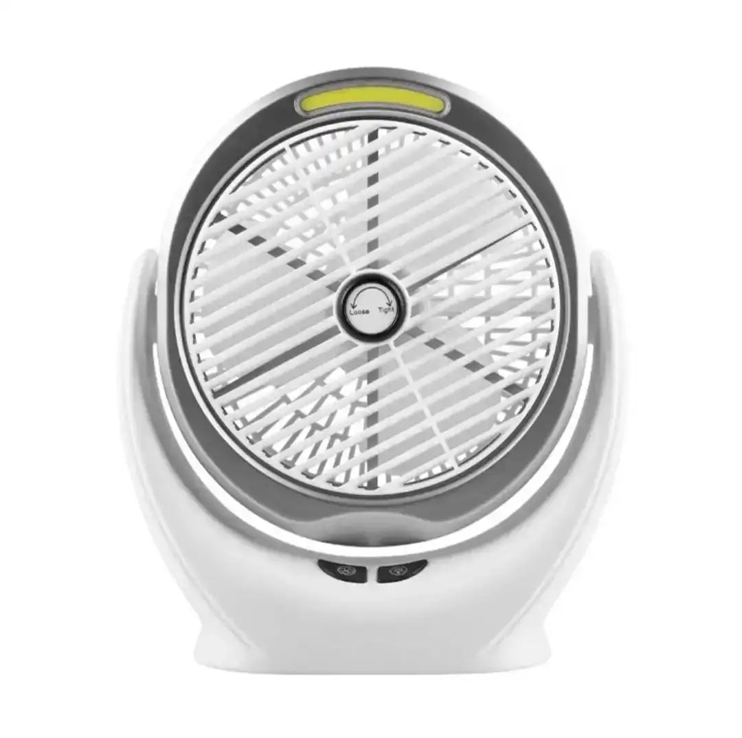 COB Light Multifunction USB Rechargeable Desktop Fan with a black center on a white background