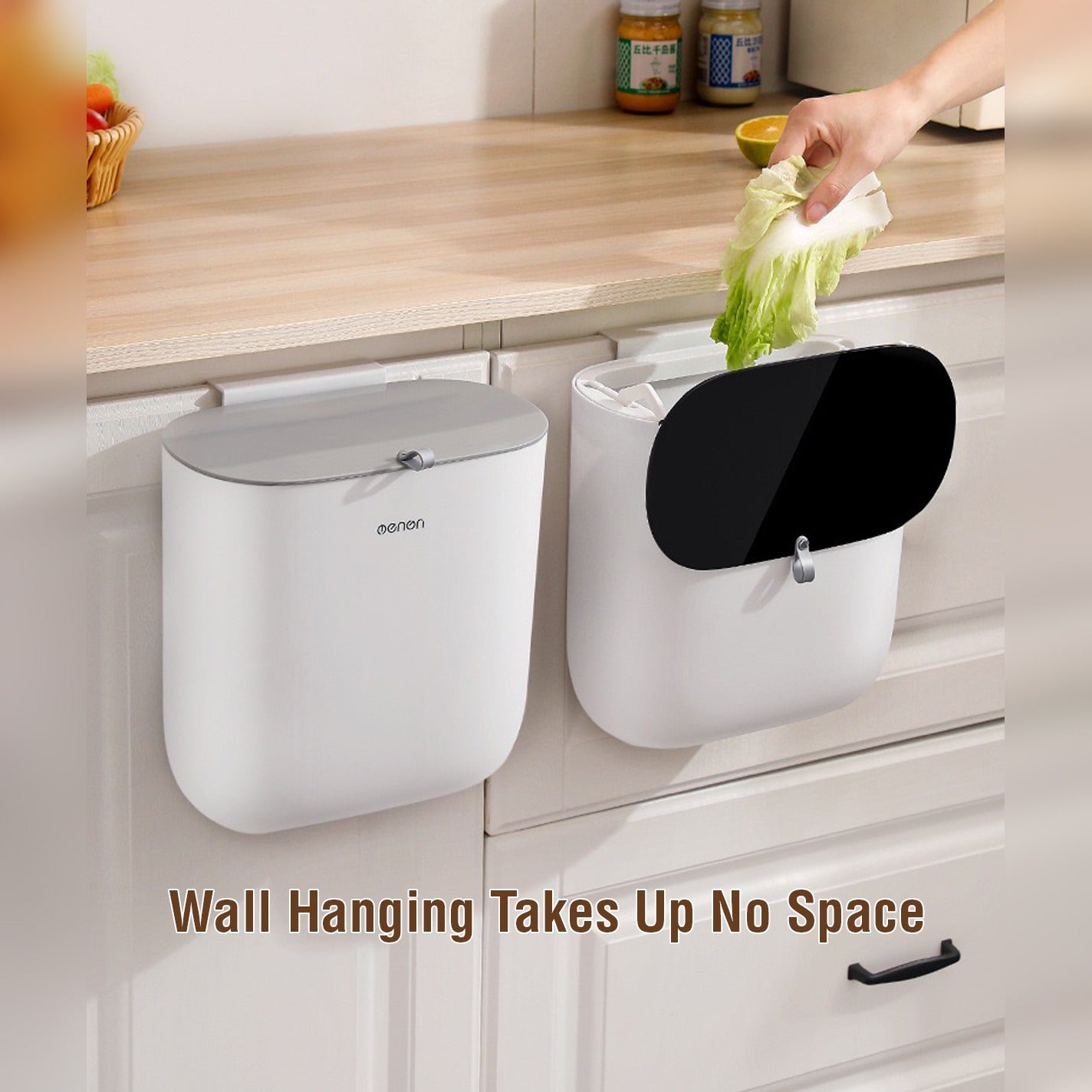 A Person is Throwing Waste in to Cabinet Door Hanging Trash Can With Lid.