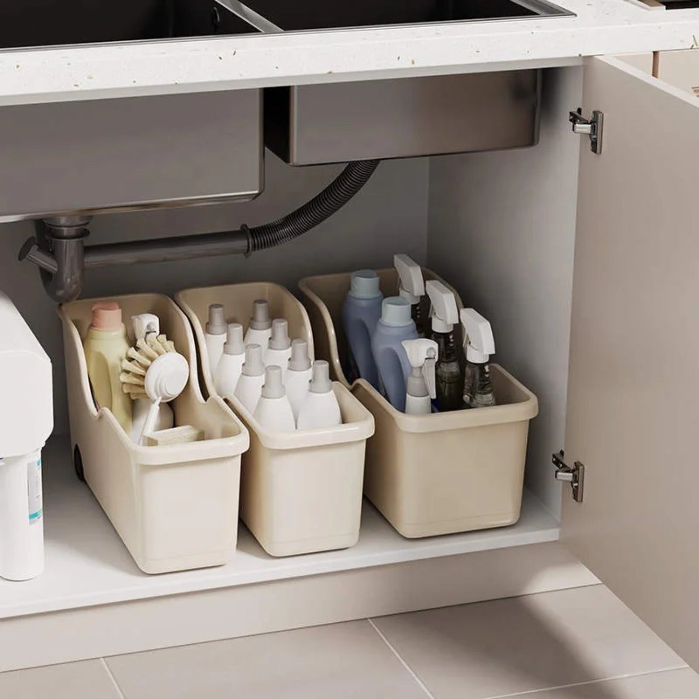 Cabinet Storage Organizer Boxes with Cleaning Accessories are Organized Under Sink Area.