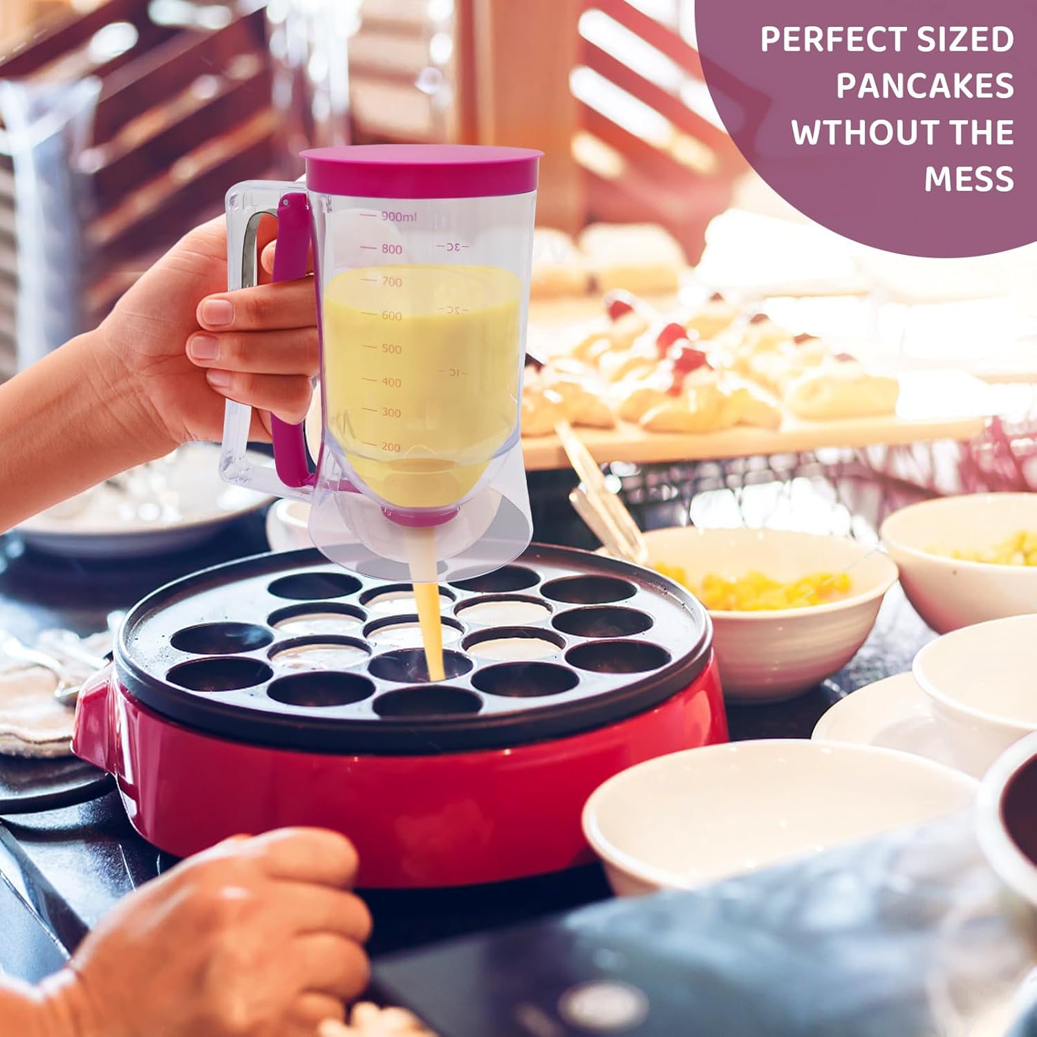 A Person is Using Cake & Pancake Batter Dispenser to Make Pancakes.
