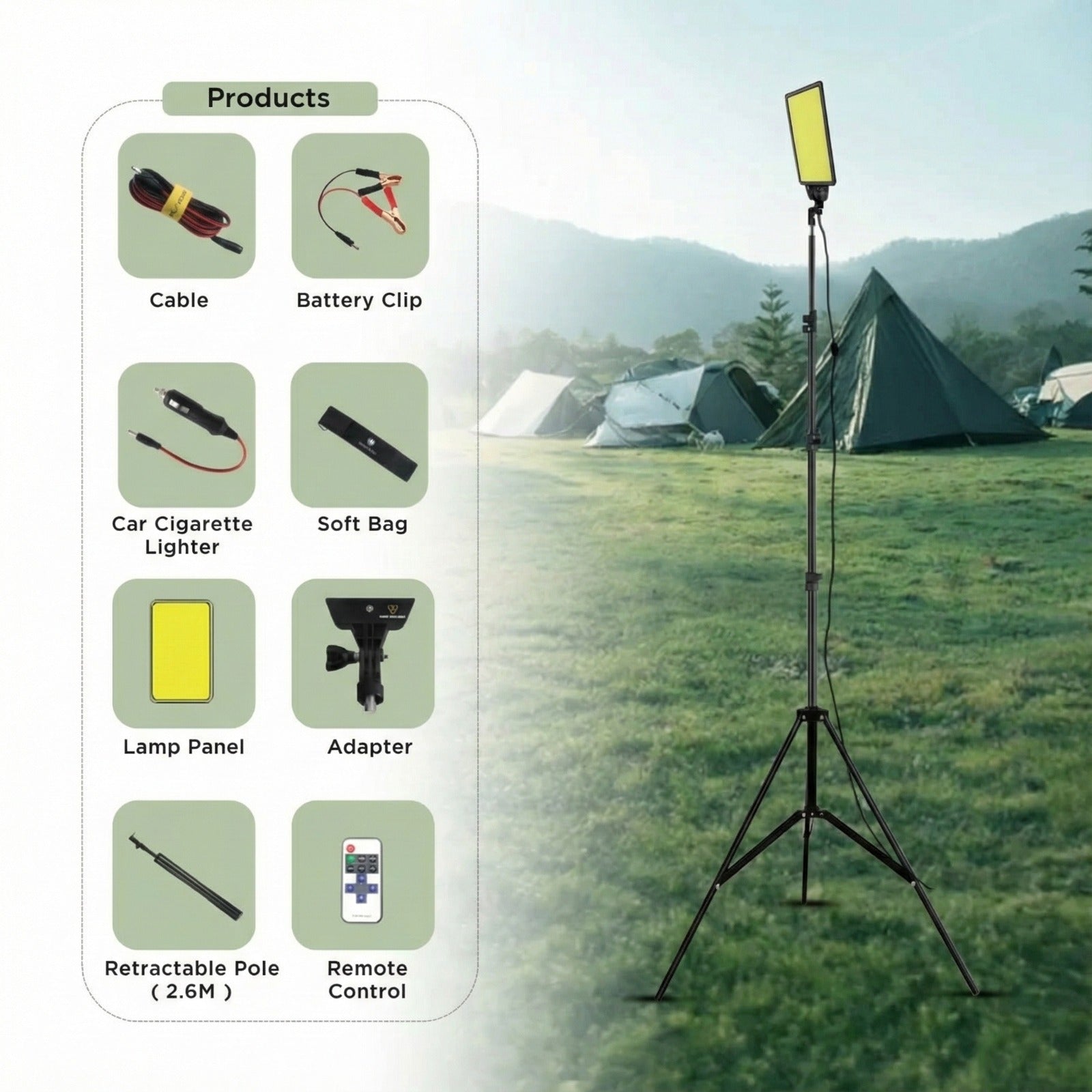 A Camping Lamp is Installed in a Camping Area and Also Showing its Accessories.