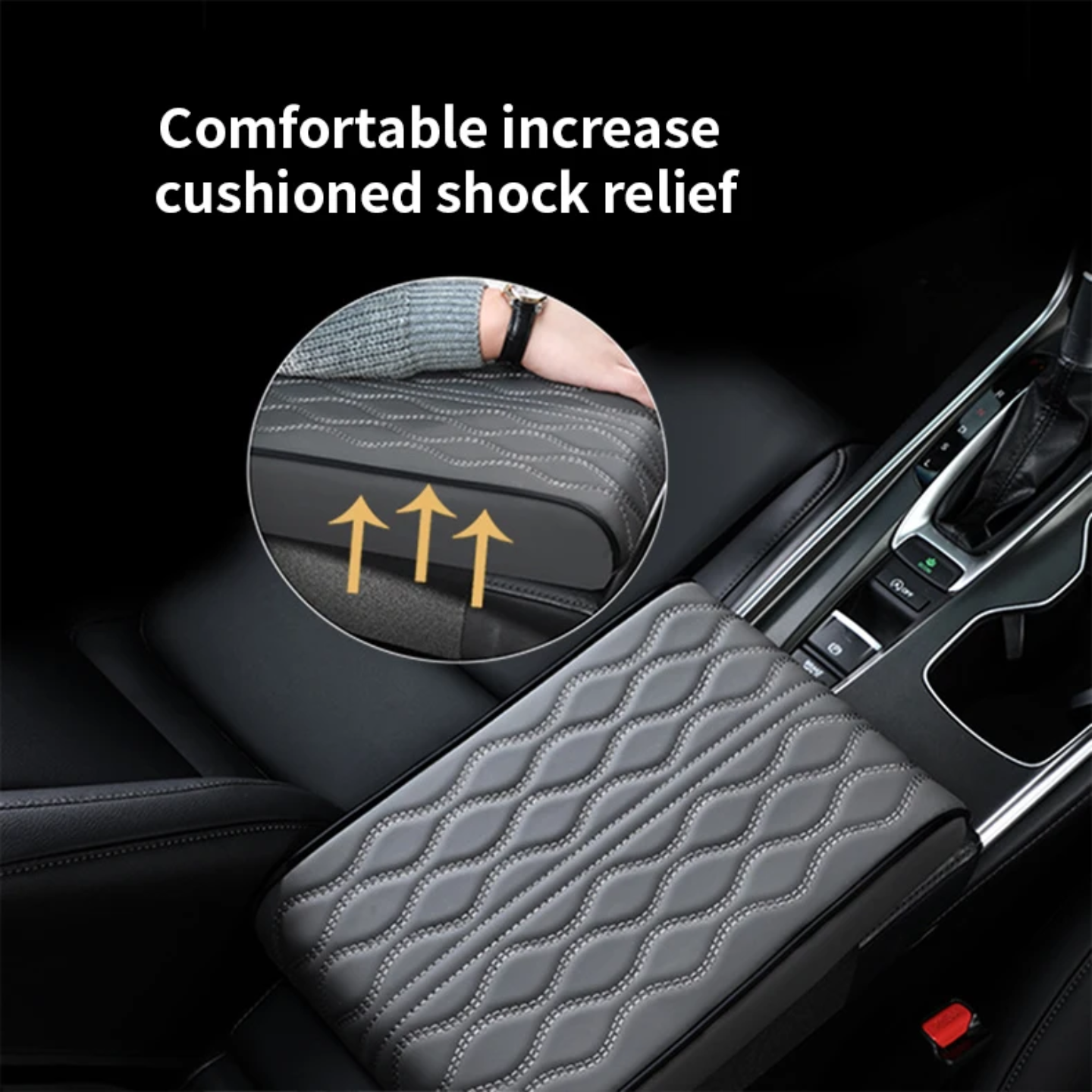 Car Armrest Cushion is Placed on a Center Console of a Car.