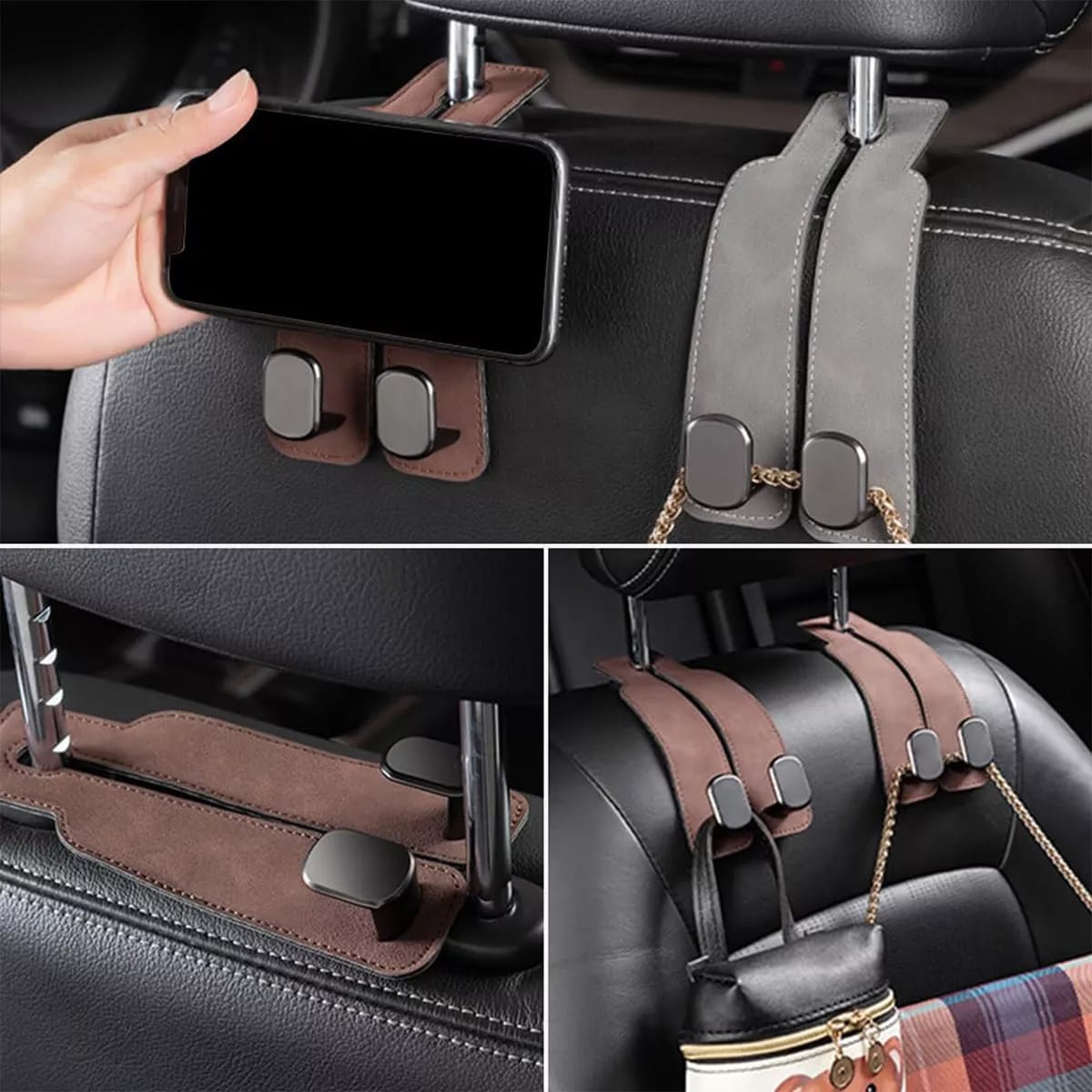 A Person is Placing Phone on the Car Headrest Hanging Hook.