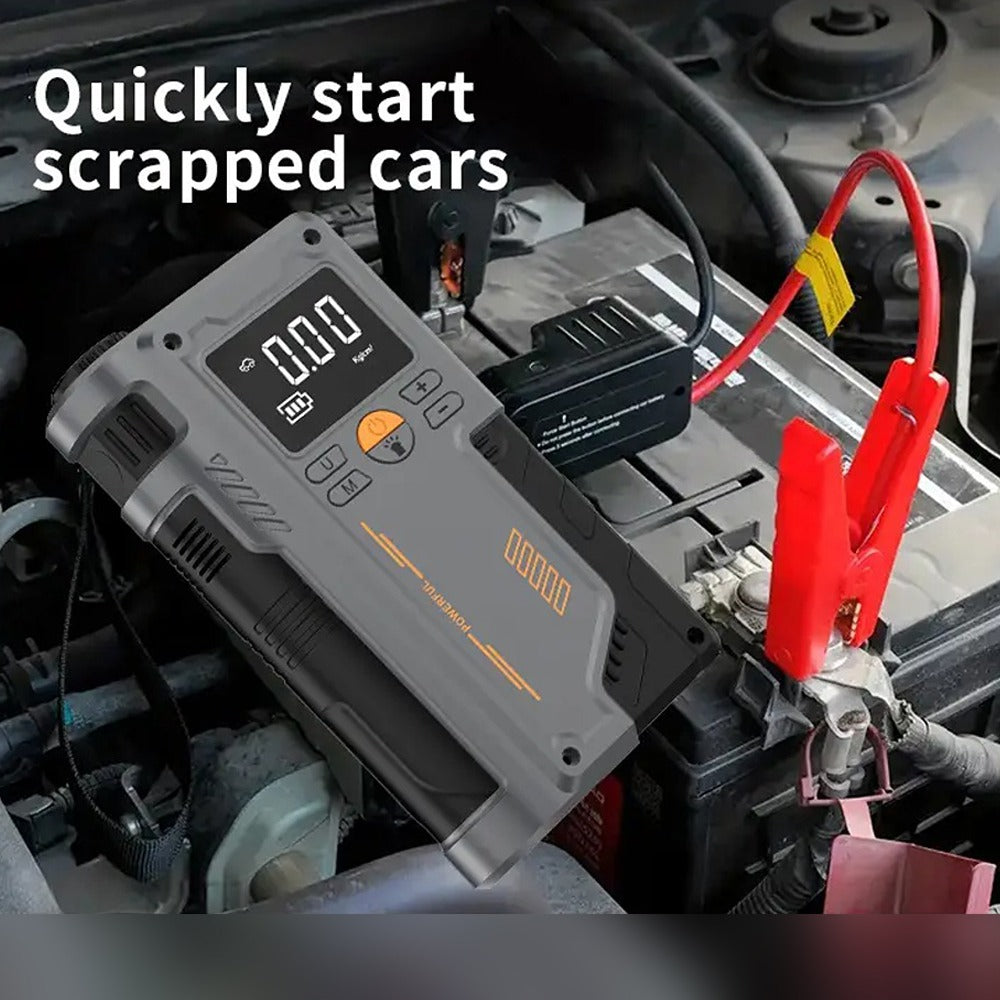 Smart Air Pump Machine & Car Jump Starter is Connected to Car Tire.