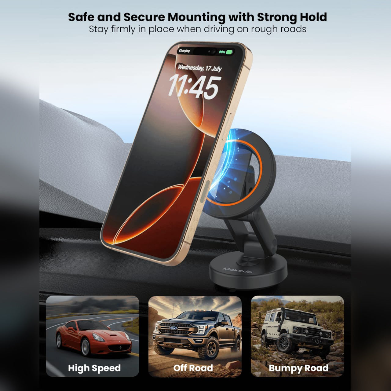 A Mobile Phone is Attached On the Moxedo Snap-On Magnetic Car Phone Holder Placed at Car Dashboard.