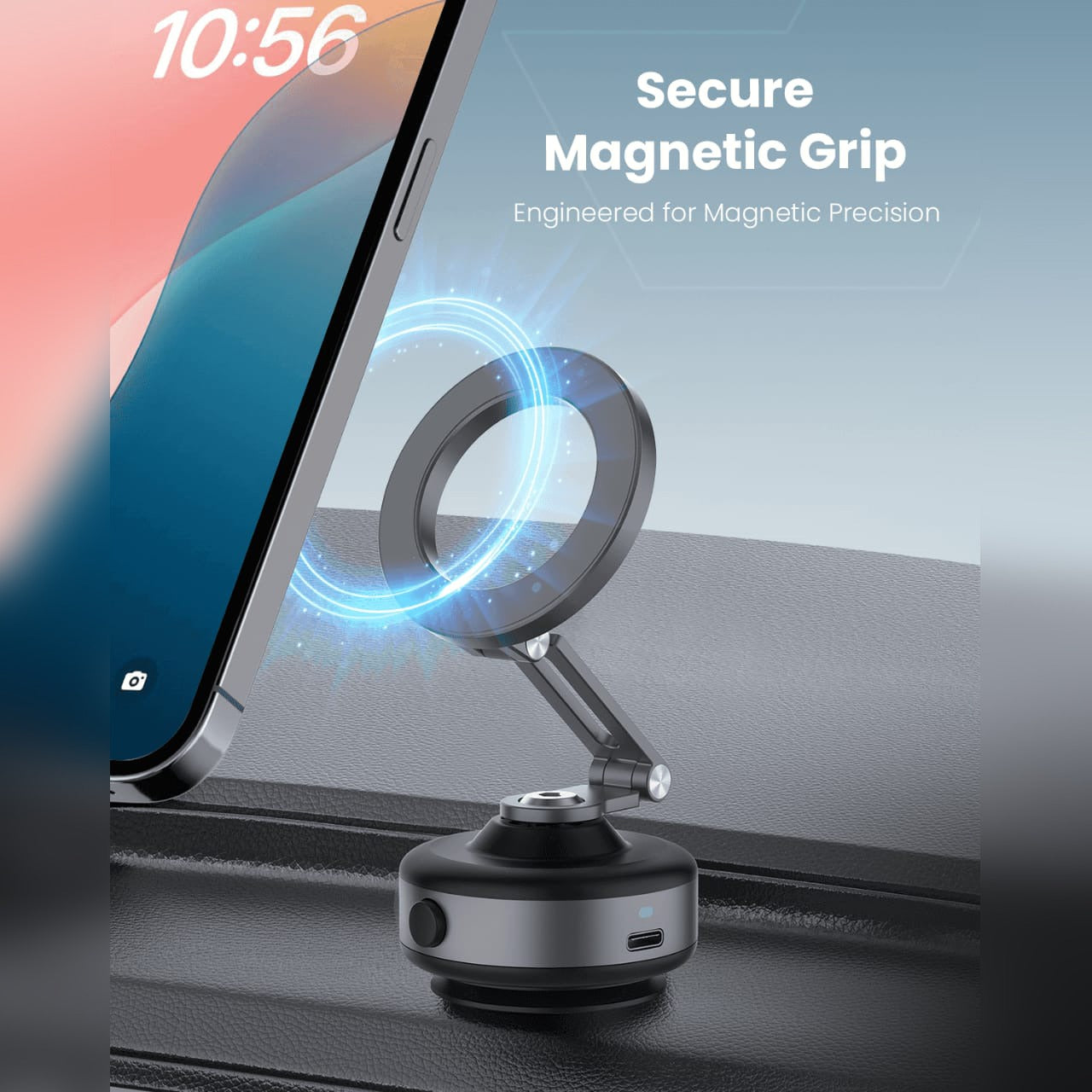 Moxedo Vacuum Suction Electric Magnetic Phone Holder is Placed at Car Dashboard.