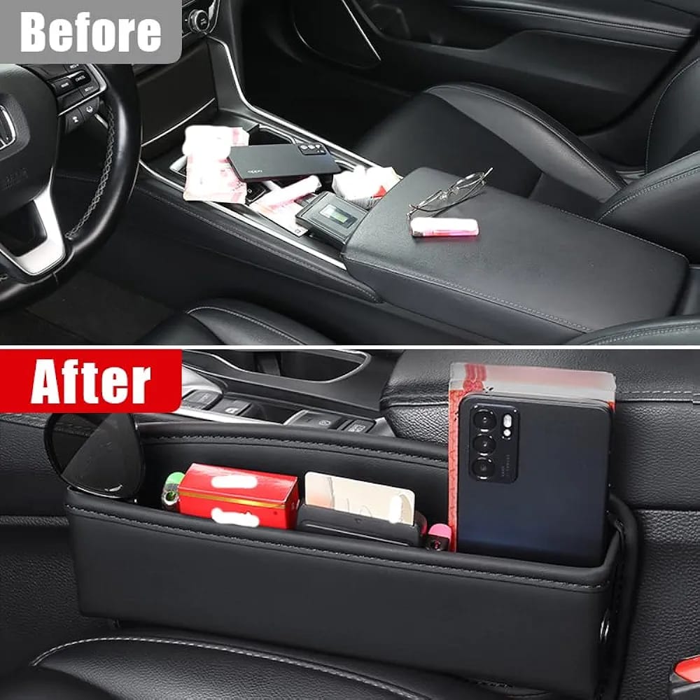 before and after use of Car Seat Gap Storage Box Organizer