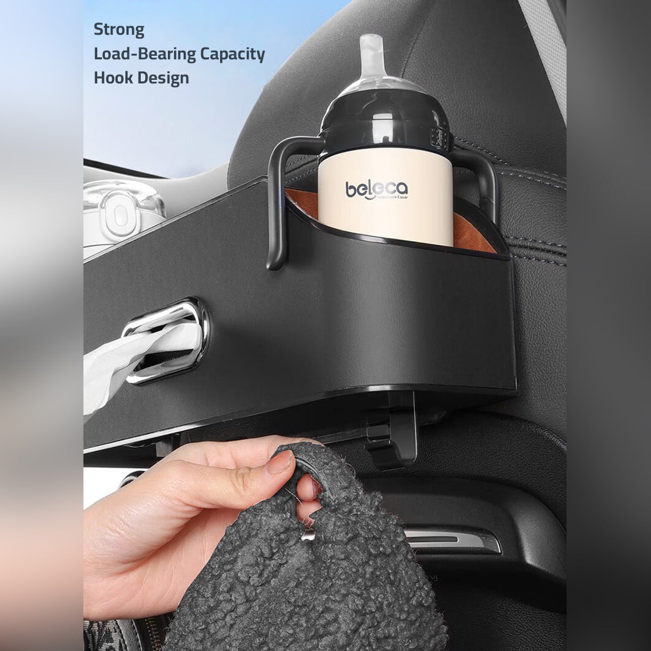 A Person is Hanging Bag on Black Car Seat Headrest Storage Organizer Box.