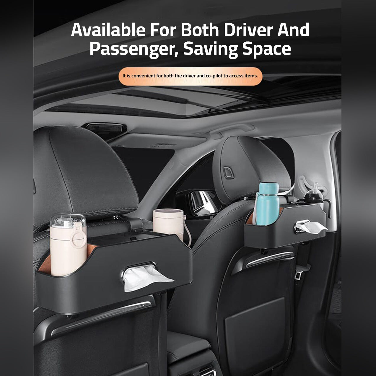 Black Car Seat Headrest Storage Organizer Box Organized With Bottles and Tissues.