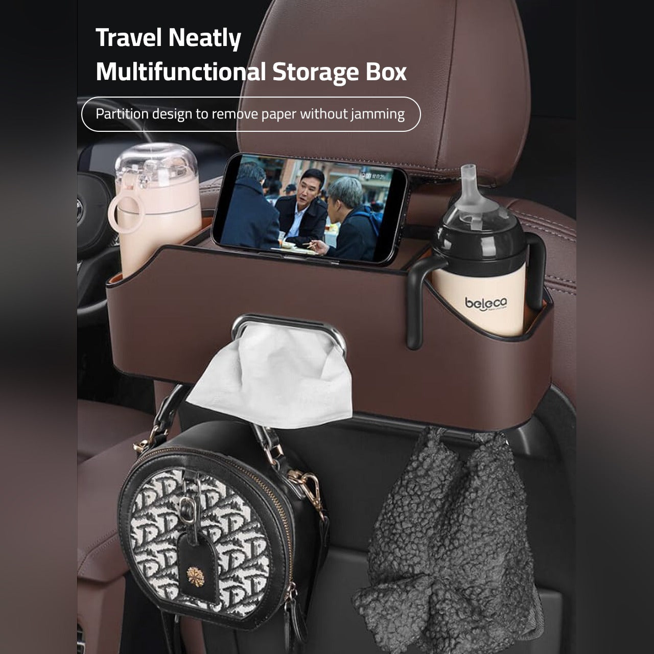Brown Car Seat Headrest Storage Organizer Box Organized With Bottles and Tissues.