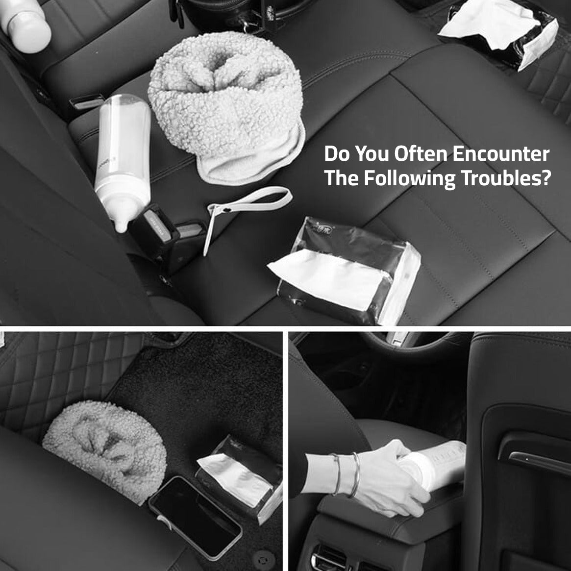 Things Are Arranged Messy Without Using Brown Car Seat Headrest Storage Organizer Box.