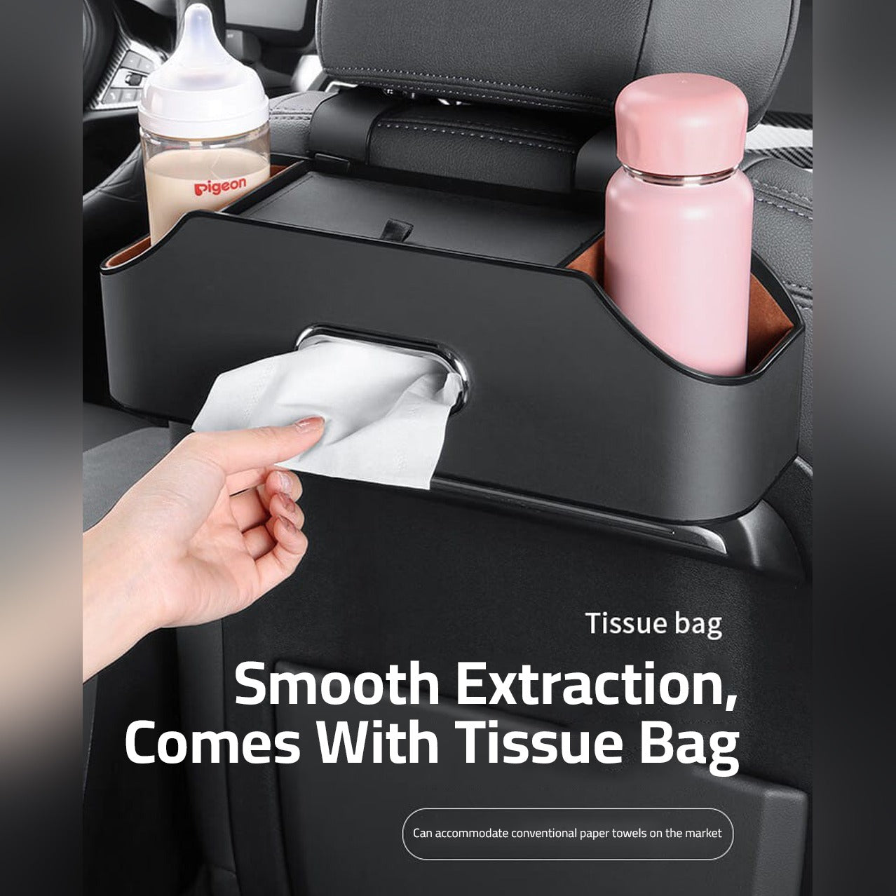 A Person is Taking Tissues From Car Seat Headrest Storage Organizer Box.