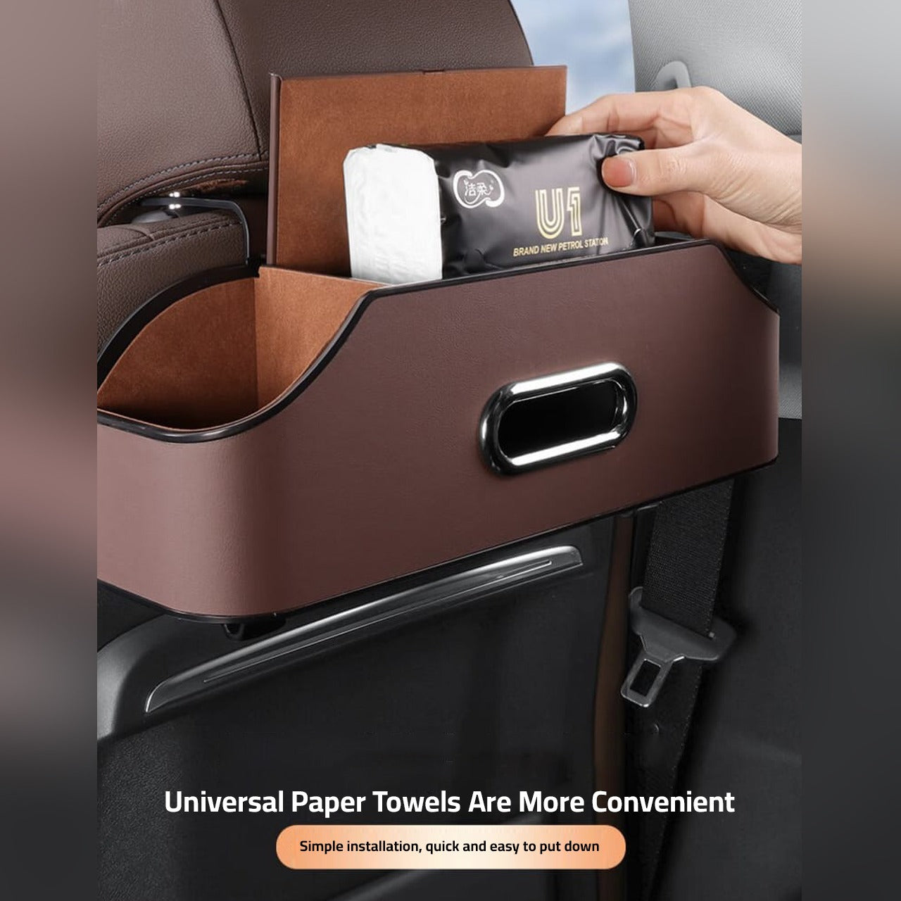 A Person is Placing Tissue in the Car Seat Headrest Storage Organizer Box.