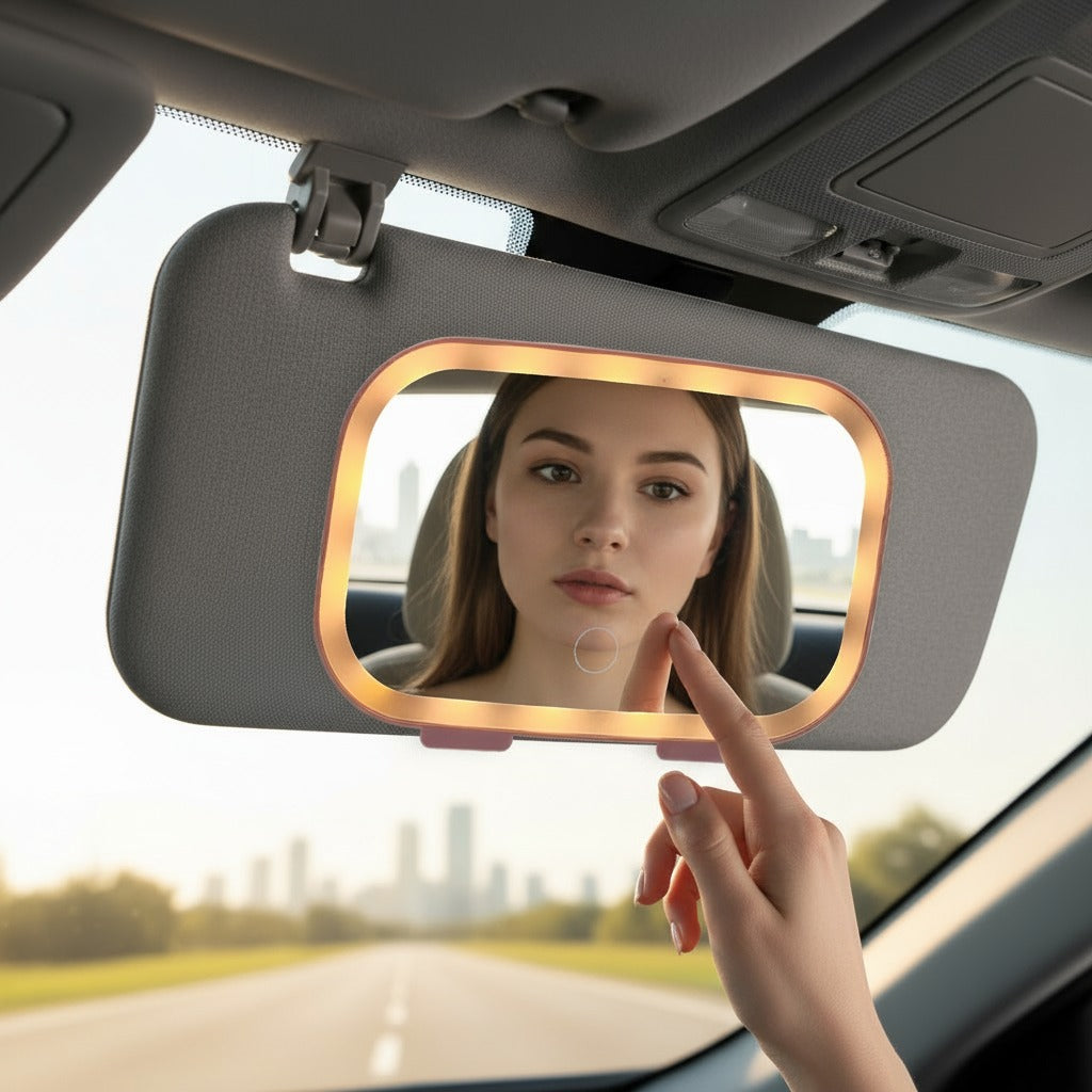 Car sun visor vanity mirror with LED lights, Reflecting a woman.