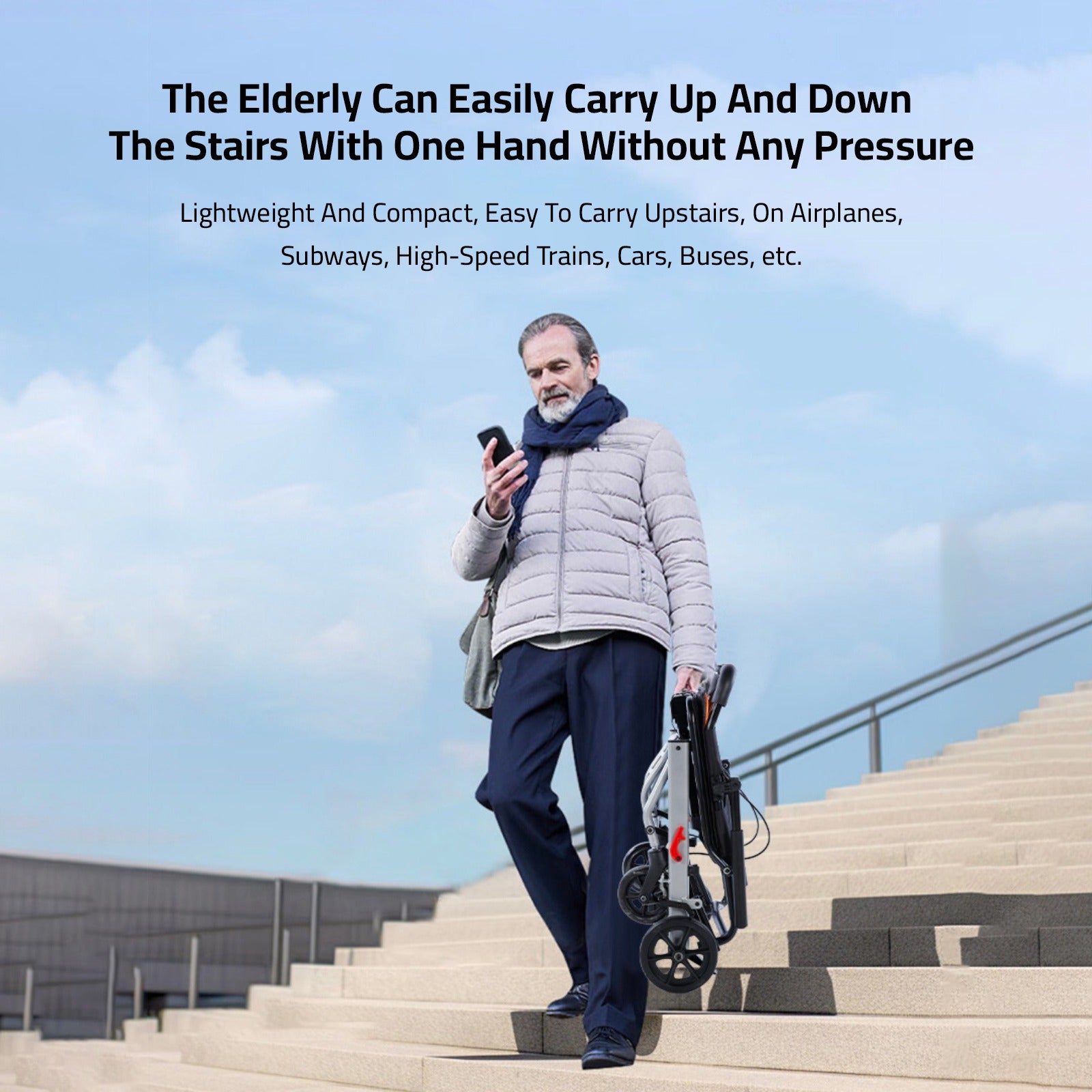 A Person is Carrying Portable Folding Travel Wheelchair.