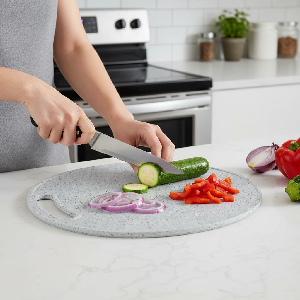 A Person is Cutting Vegetables Using Chopping Board.