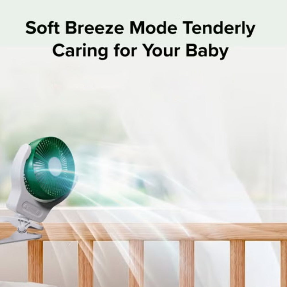 Clikon Eco Cool Rechargeable Fan is Clipped on a Baby Crib.