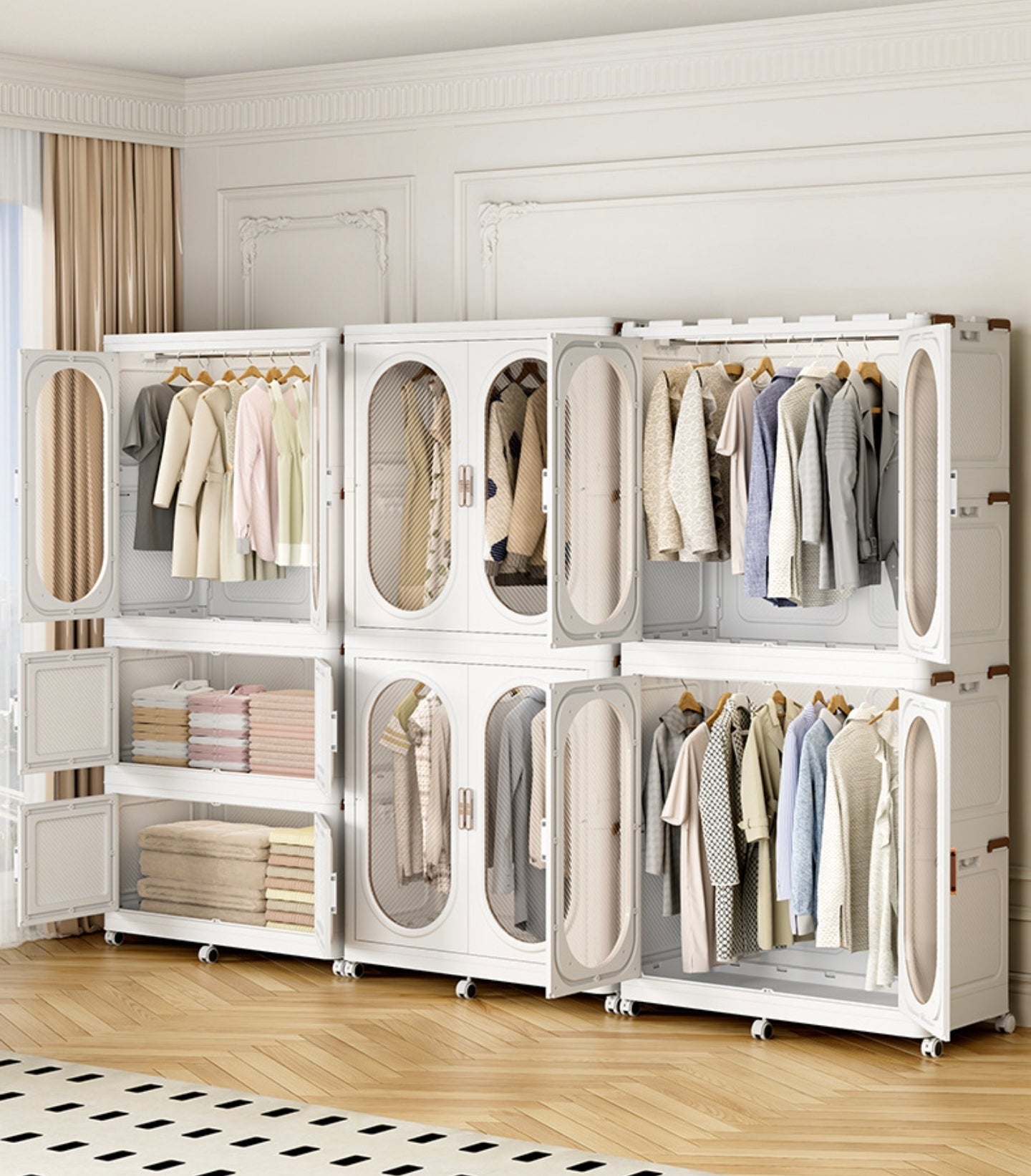 Wardrobe Storage Cabinet Shelf Bins Organized with Clothes.