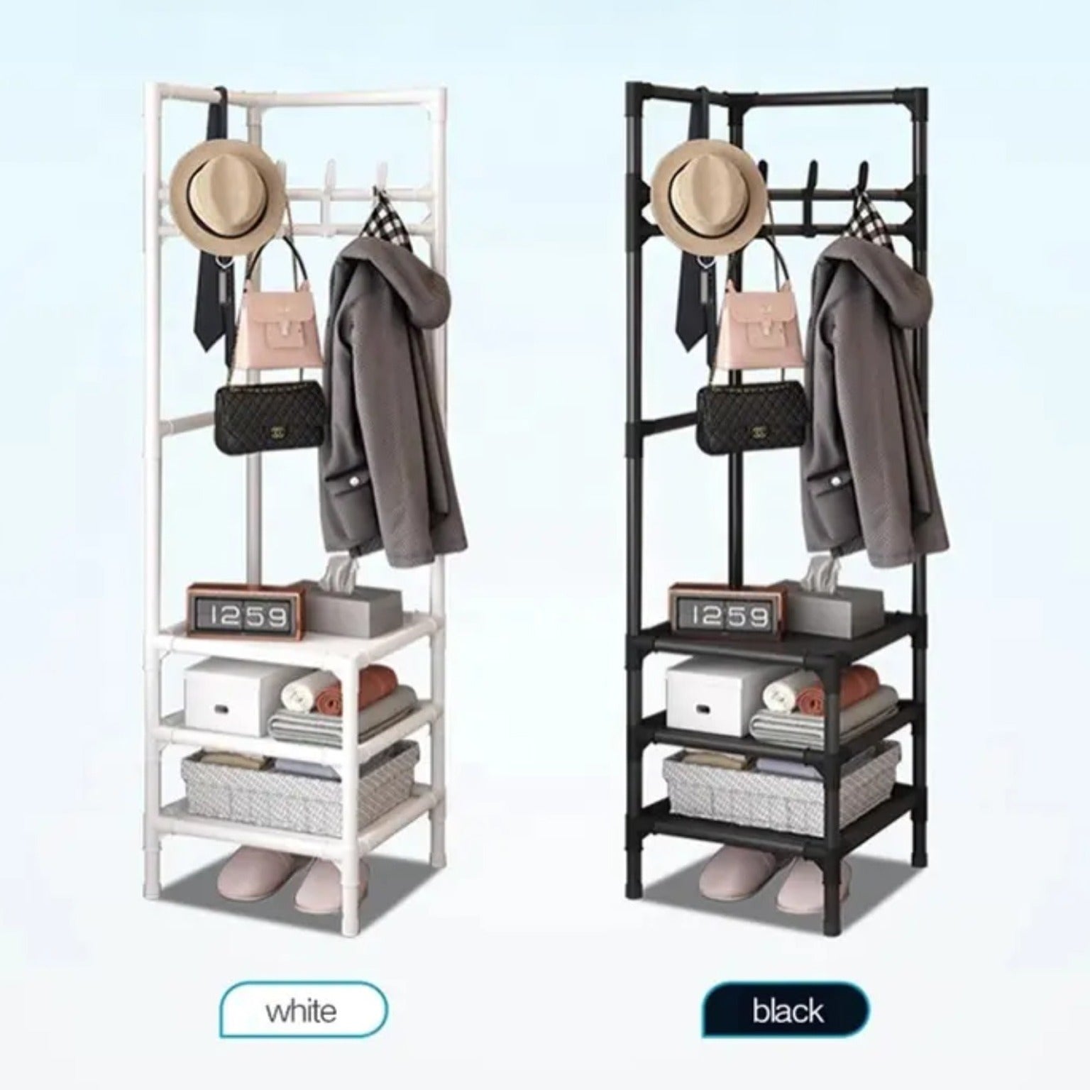 Dfferent Colors Of Multi-Layer Clothing Rack with Cloth, Bags and Hat are Organized.