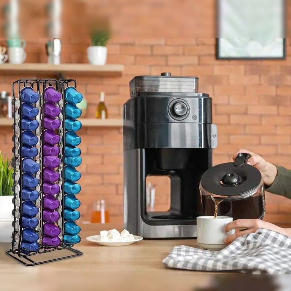 A Person is Making By Taking Pods From Coffee Pod Storage Rack Dispenser.