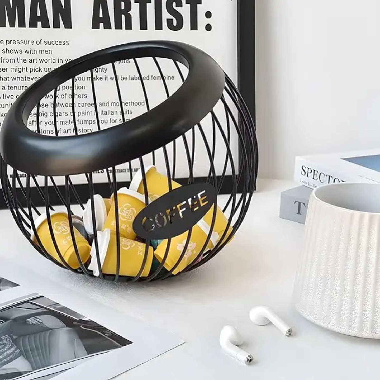 A Coffee Pod Holder with Coffee Pods.