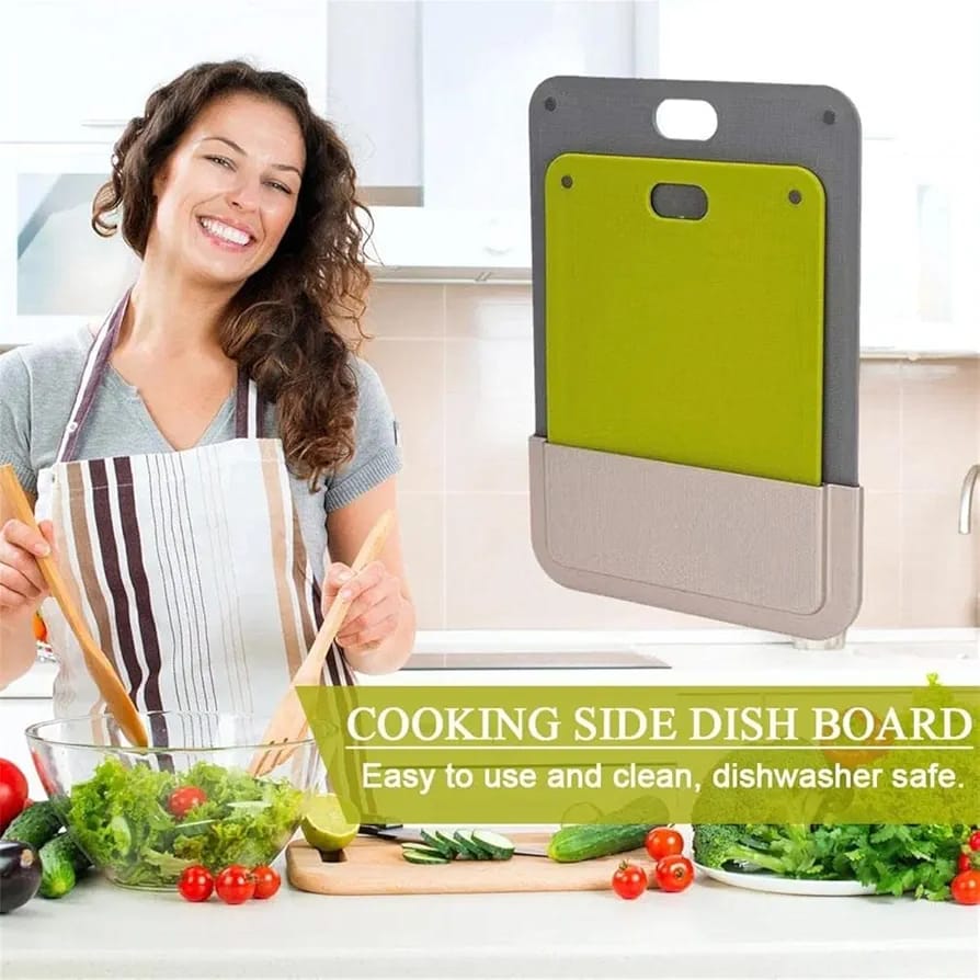A Woman is Cooking Food with the Aid of Chopping Board Set.