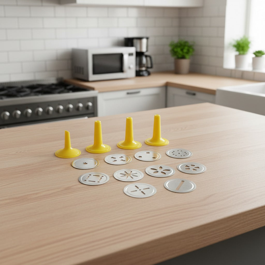 Discs and Nozzle Set of Cookie Press Set Placed on a kitchen countertop.
