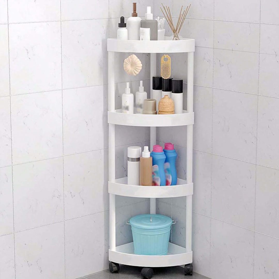 Corner Storage Rack is Placed at Bathroom and Shower and Cleaning Items are Organized in it.