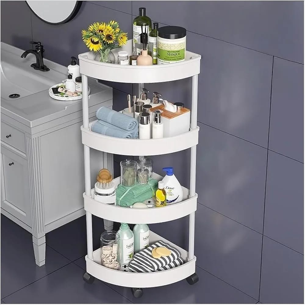 Corner Storage Rack is Placed at Washroom and Shower Items are Organized in it.