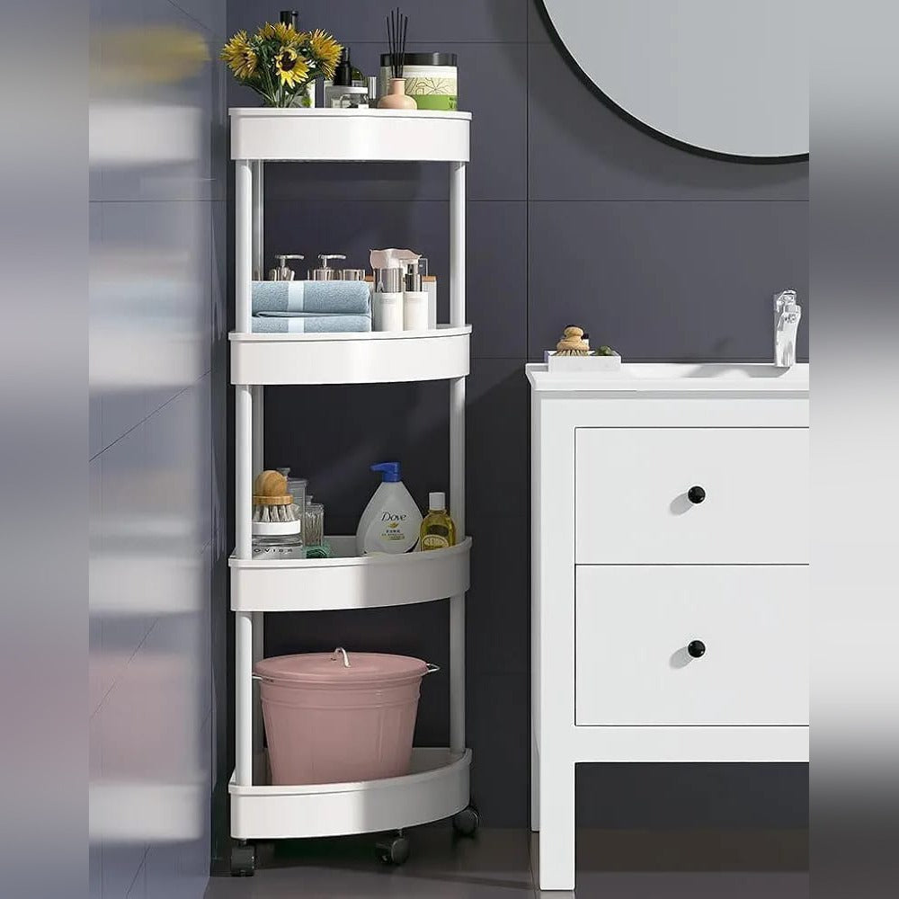 A Corner Storage Rack is Placed at Bathroom and Shower Items are Organized.