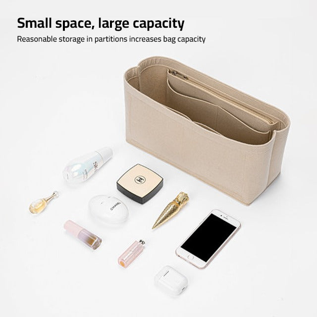 Makeup Cosmetic Storage Organizer Bag With Cosmetics Items Are Placed Nearby.