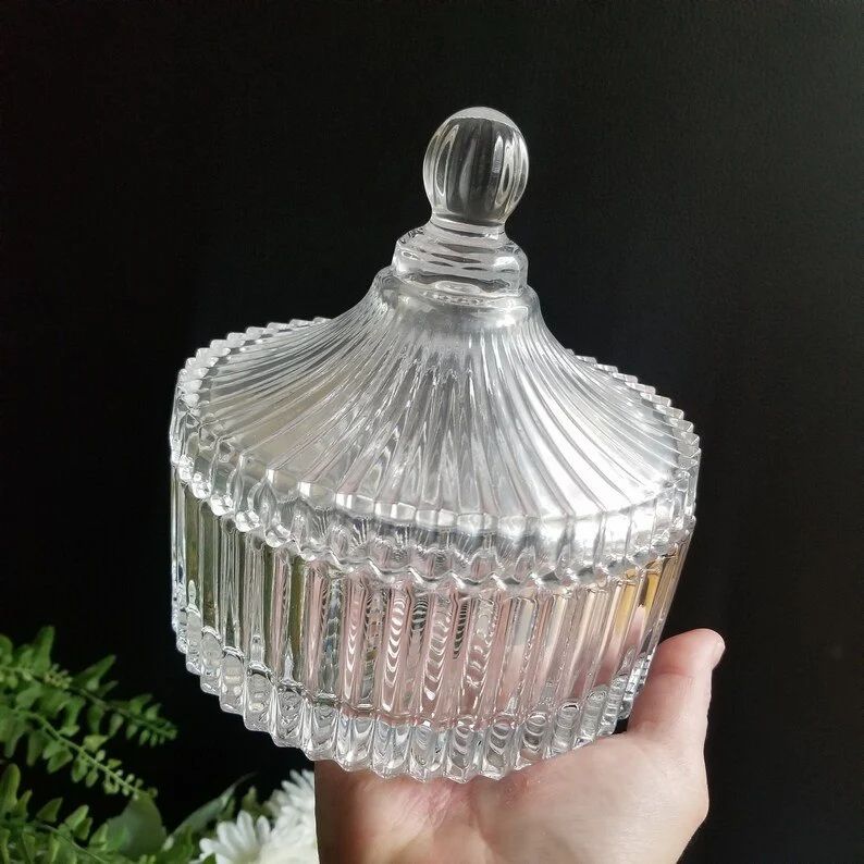 A Person is Holding Crystal Glass Jar Bowl with Lid.