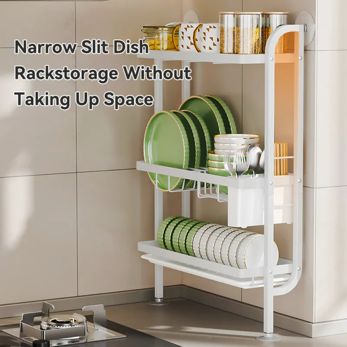 Different Utensils are Arranged in a Kitchen Dish Storage Rack.