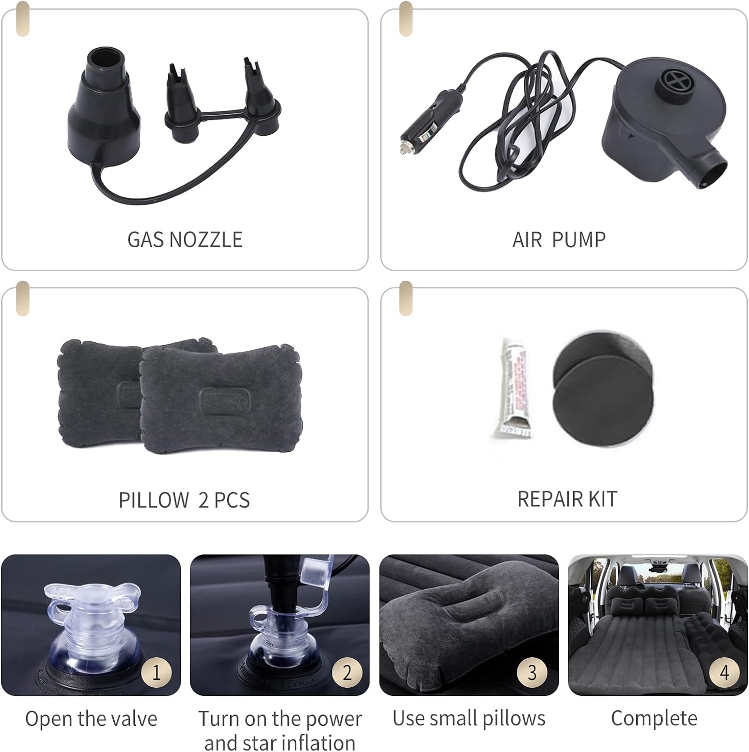 A collage of items included in a Portable Travel Inflatable Car Bed