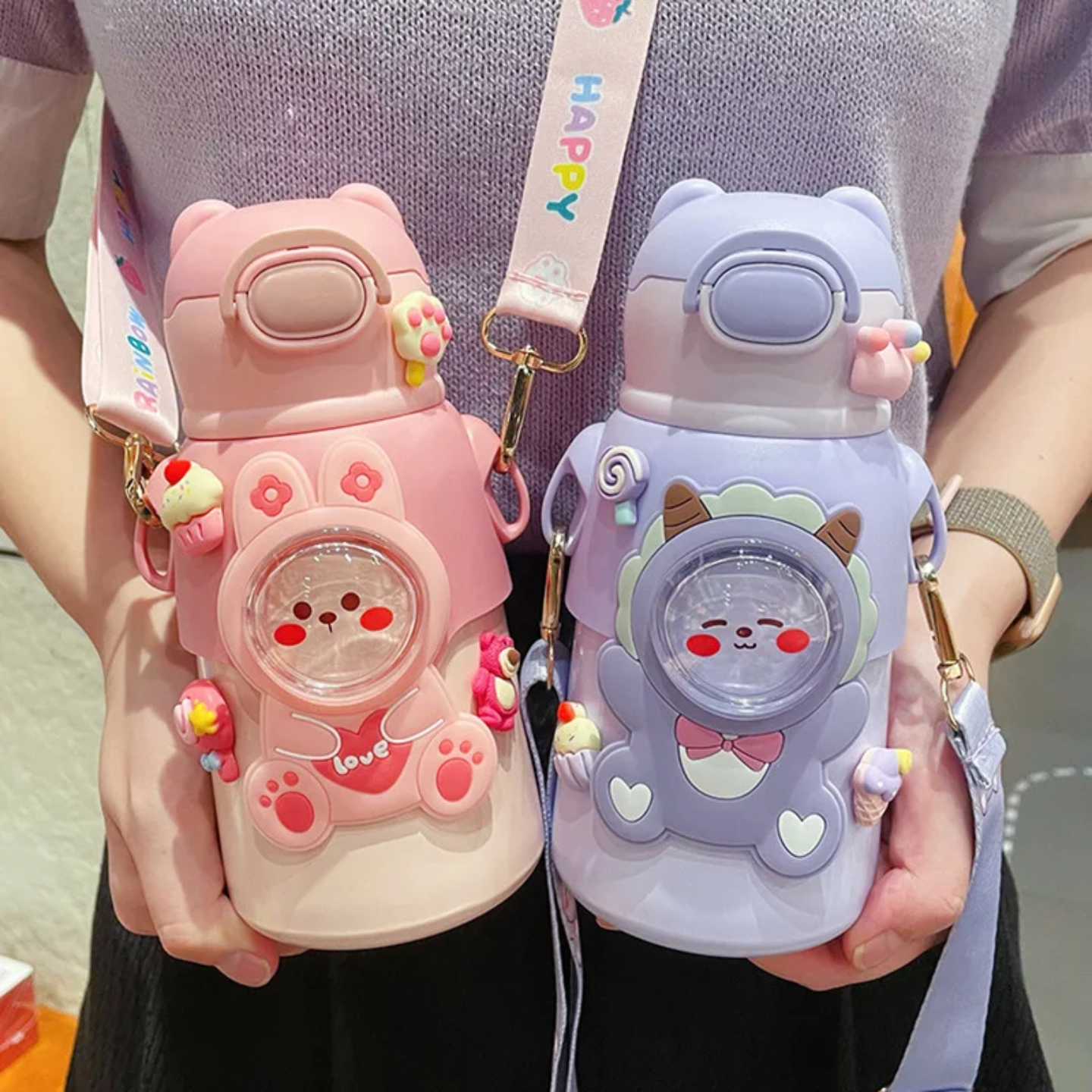 A Person is Carrying Cute Cartoon Bear Water Bottle for Kids.