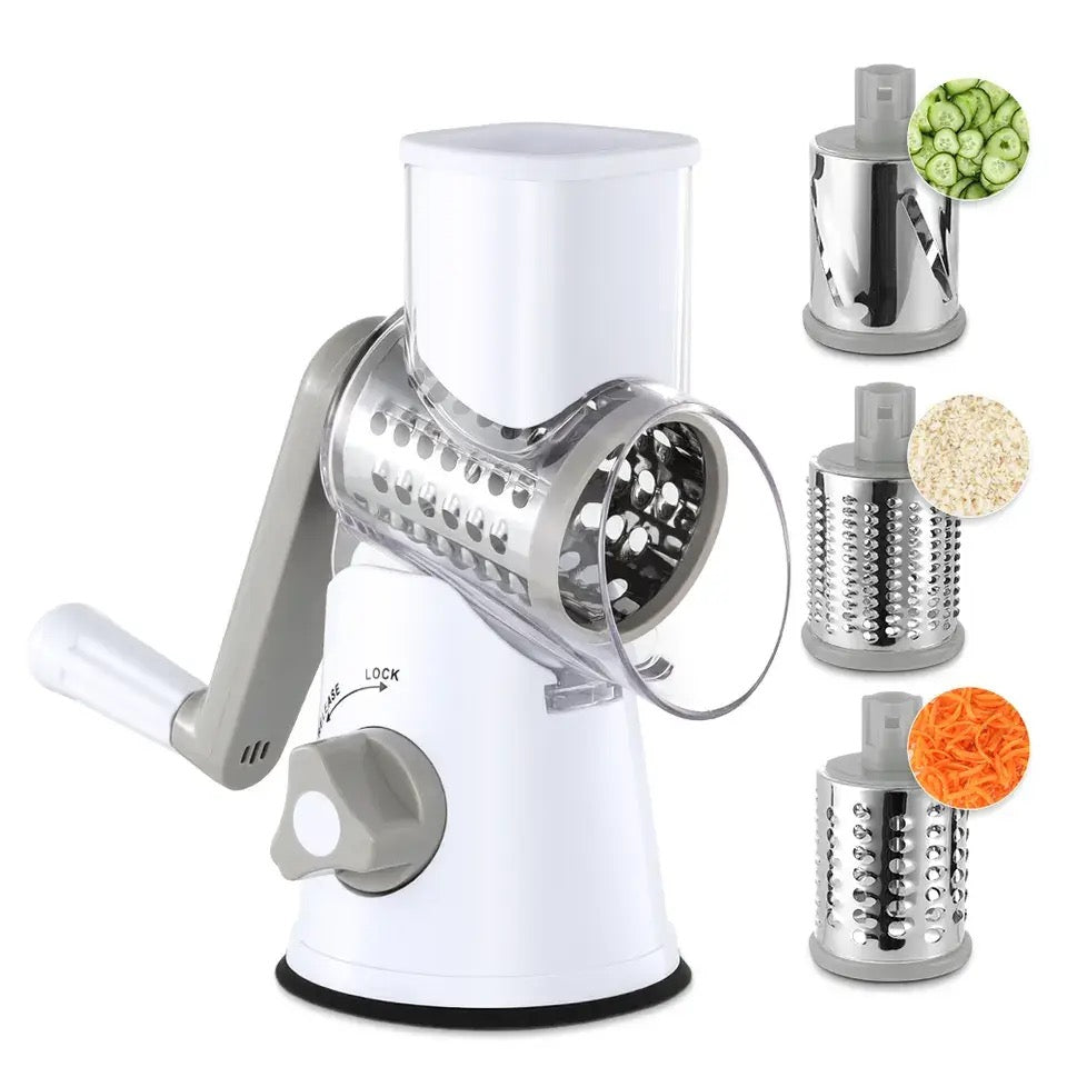 Rotary Grater Slicer with 3 Blades for Cheese in a white color