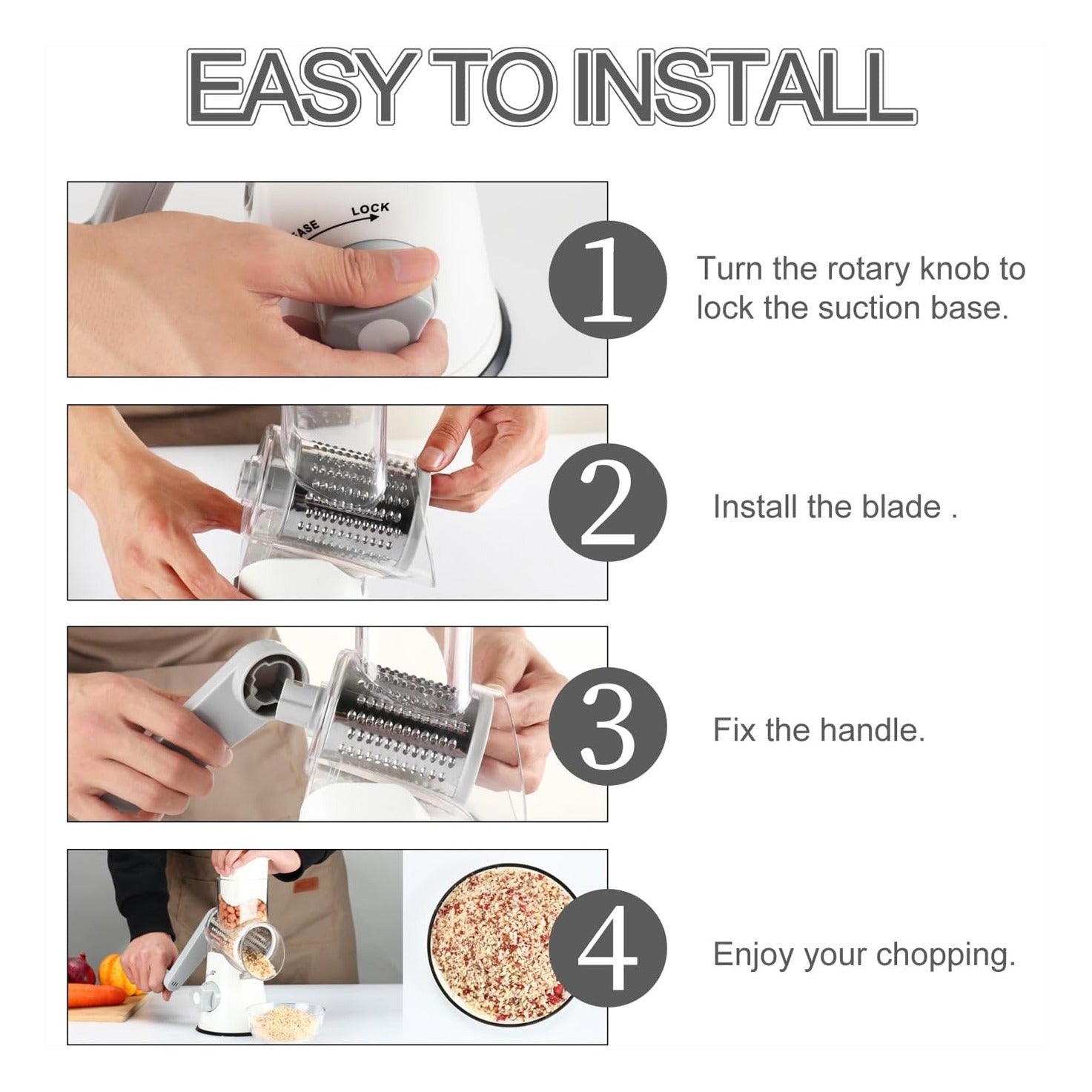 Virtual instructions for installing the Rotary Grater Slicer with 3 Blades