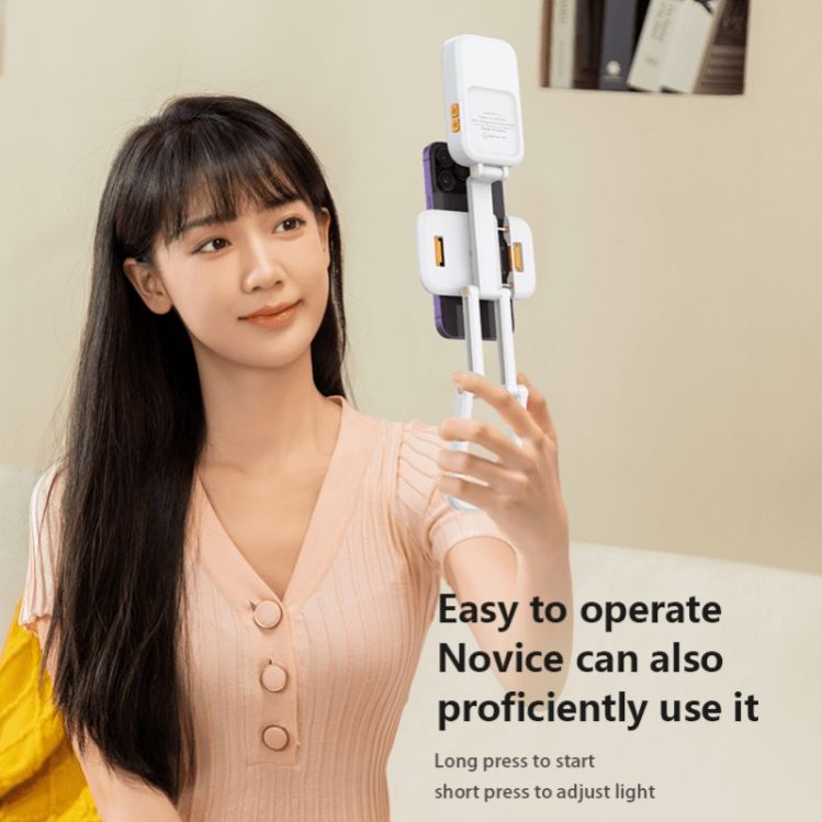 A Woman is Using D2 Pro LED Live Streaming Light Mobile Phone Holder for taking selfie.