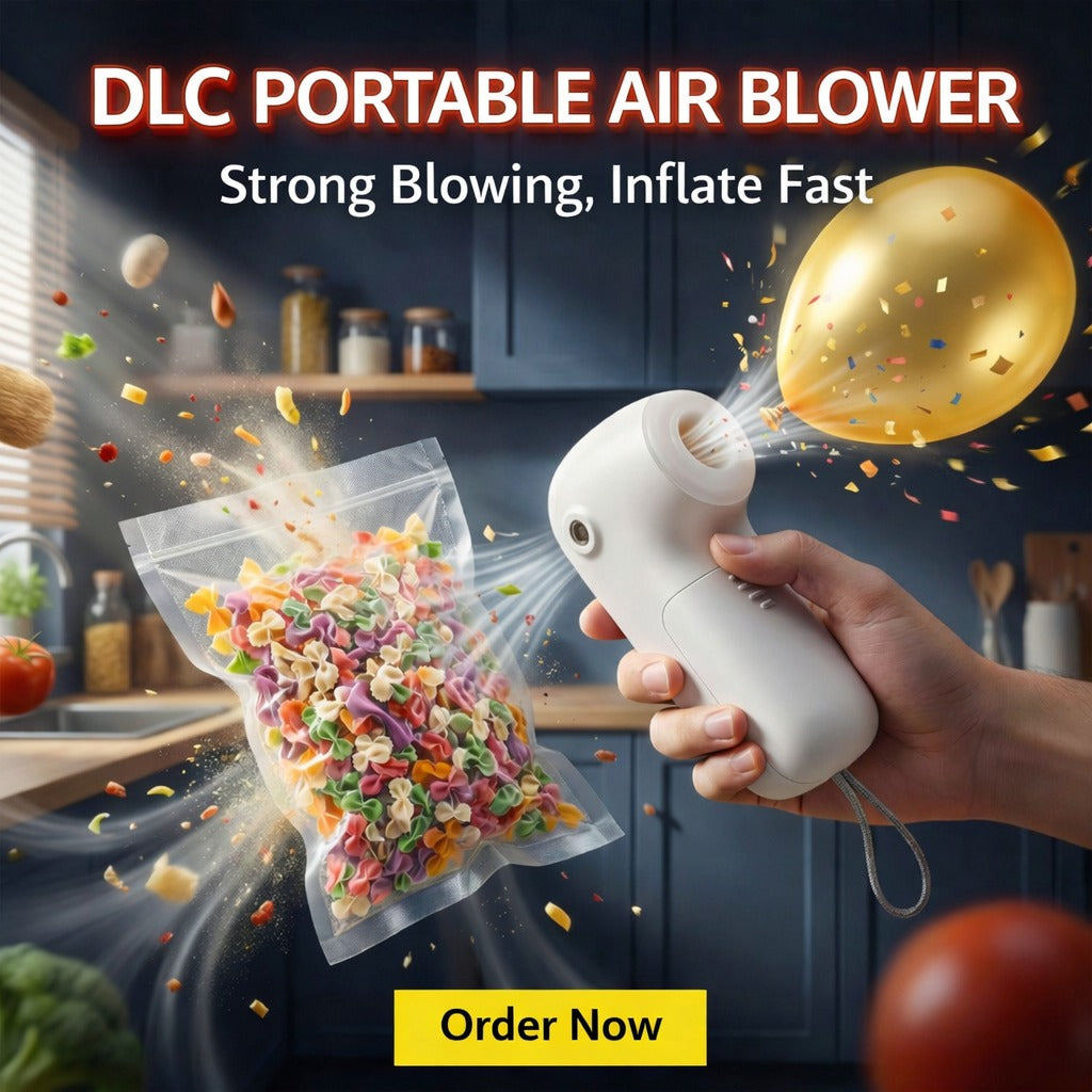 The image shows a handheld DLC 6-in-1 Inflator Pump & Handheld Vacuum being used to inflate a balloon and blow air into a food storage bag, highlighting its strong airflow and multi-function use for inflating and vacuum tasks.