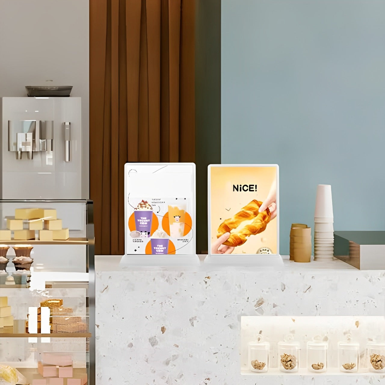 A Desktop Double Sided Display Advertising Light Box is Placed at a Coffee Shop.