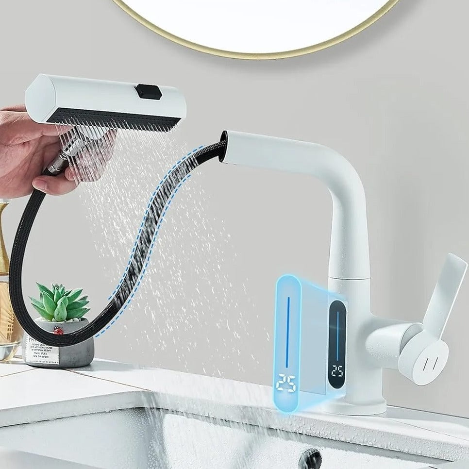 A Person is Using Digital Display Pull Type Kitchen Faucet.