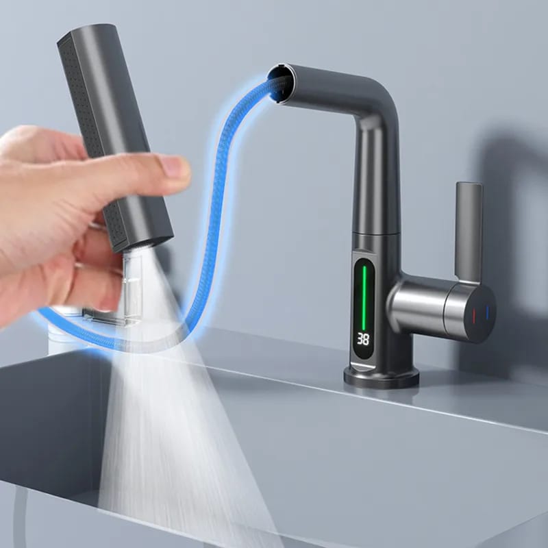 A Man is Using Digital Display Pull Type Kitchen Faucet.