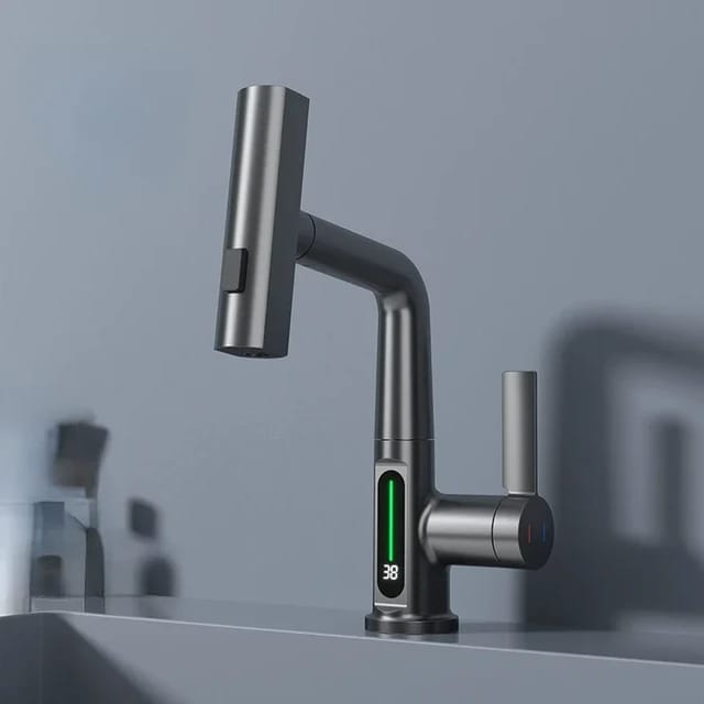 Grey Digital Display Pull Type Kitchen Faucet.