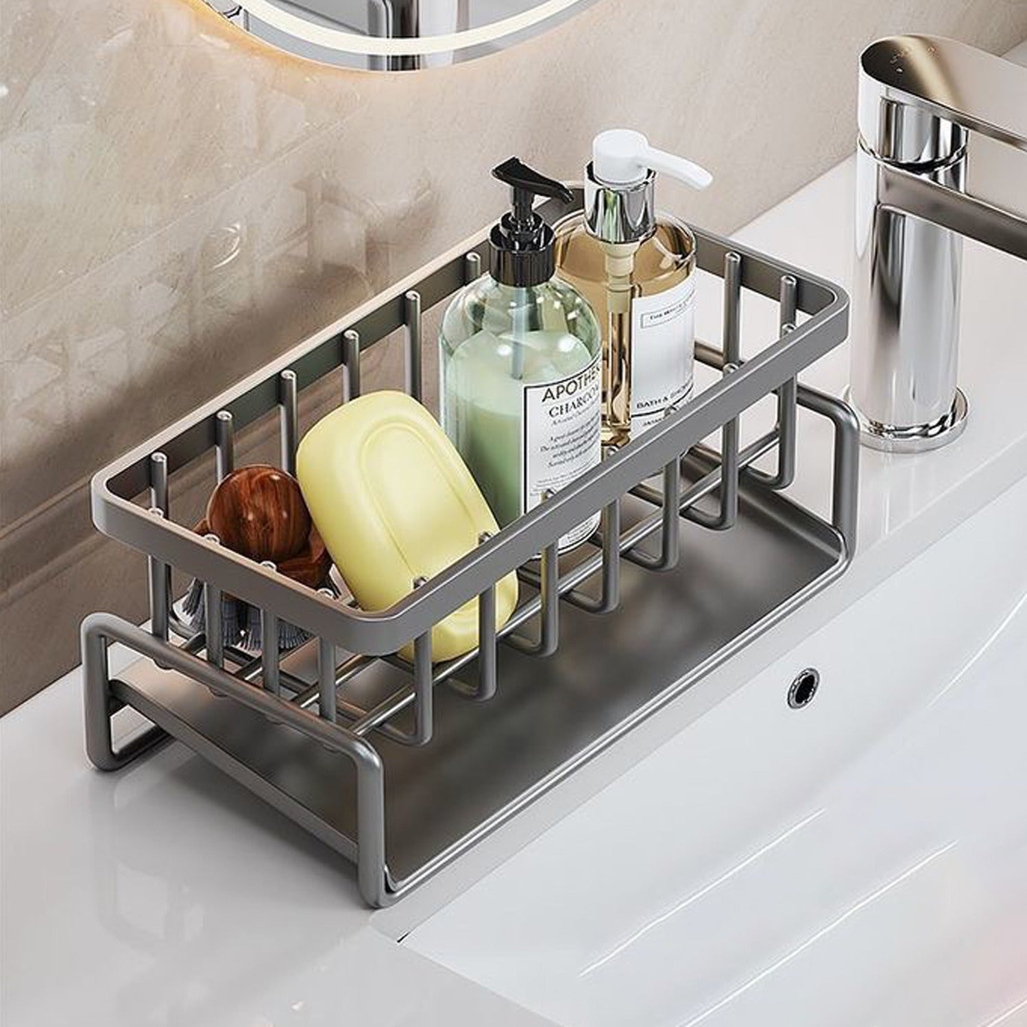 Rustproof Stainless Steel Sink Organizer Rack Soap and Hand Wash in it