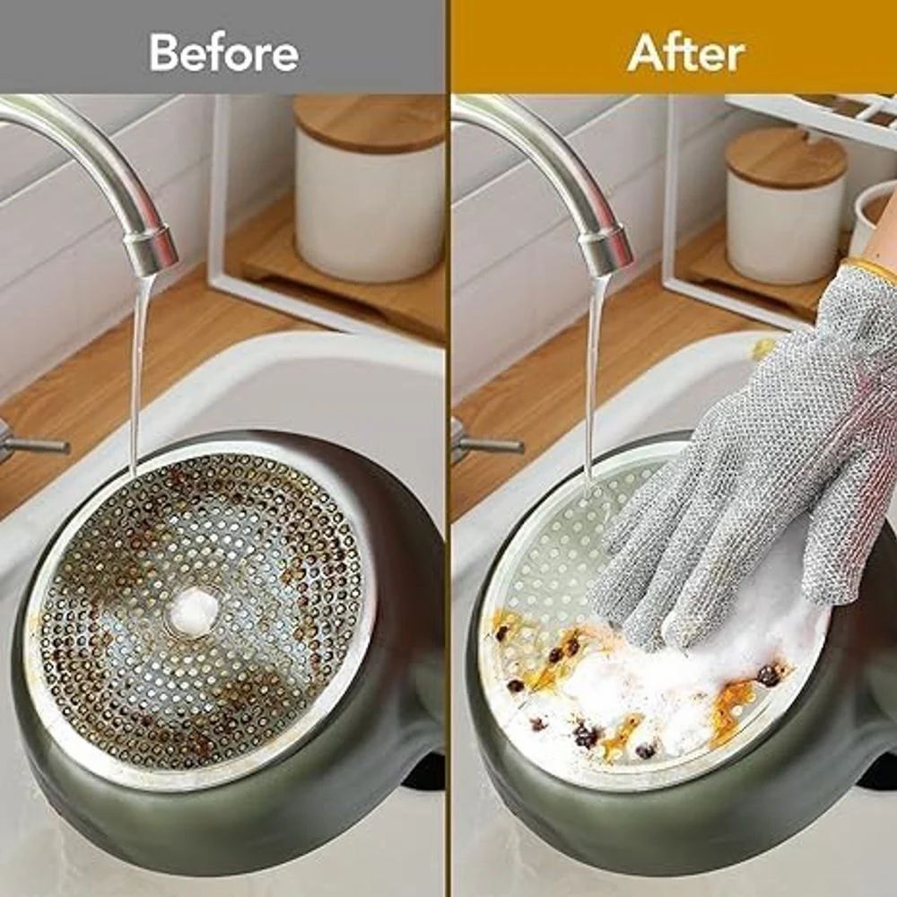 A Person is Cleaning Pan Using Dishwashing Kitchen Cleaning Wire Gloves.