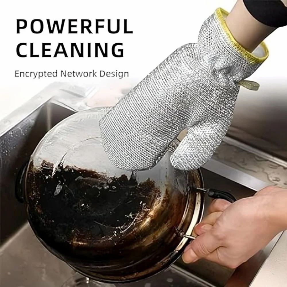 A Person is Cleaning Pot Using Dishwashing Kitchen Cleaning Wire Gloves.