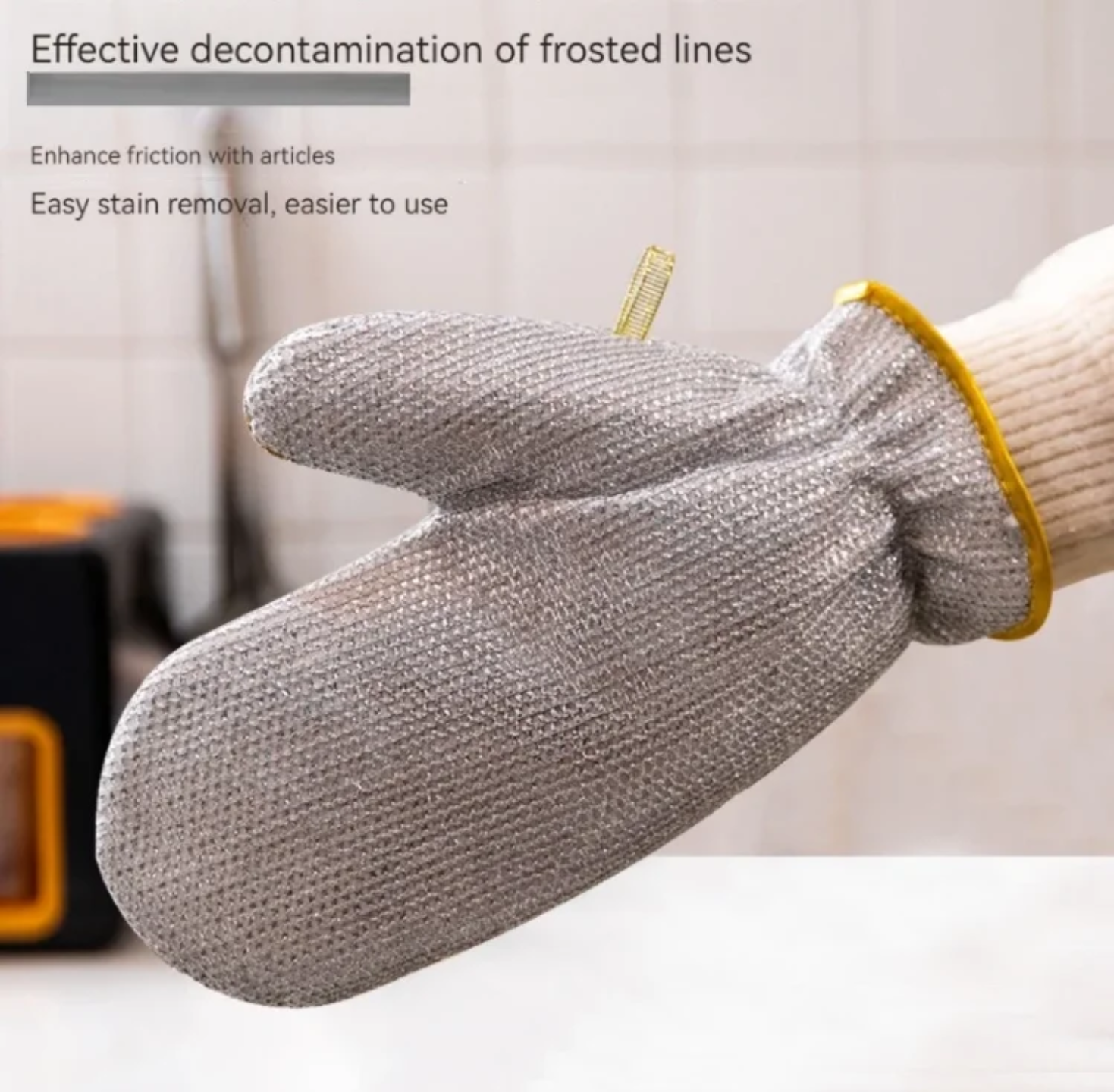 A Person is Wearing Dishwashing Kitchen Cleaning Wire Gloves.