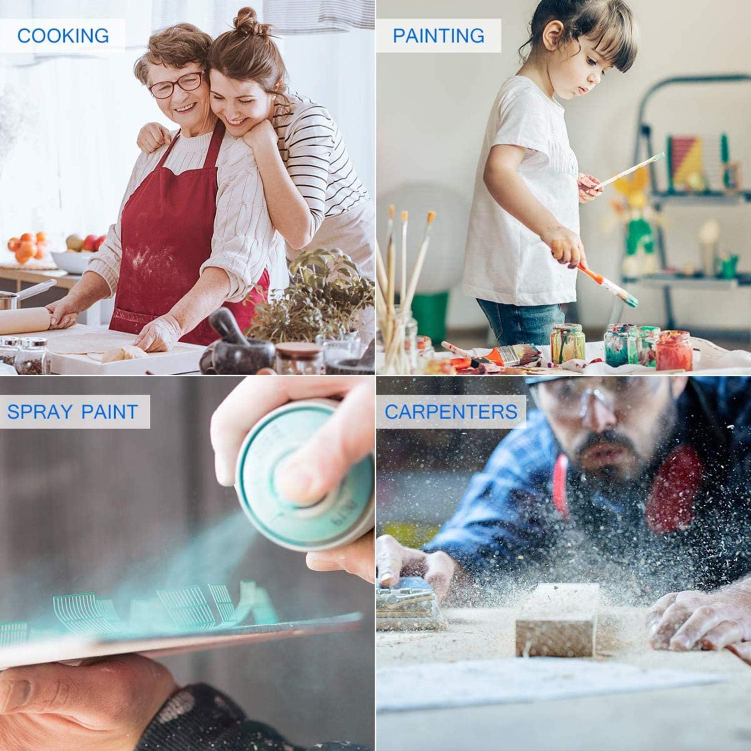 Collage of four images labeled 'Cooking', 'Painting', 'Spray Paint', and 'Carpenters' with people engaged in respective activities shows the different usage of Disposable Waterproof Plastic Apron.
