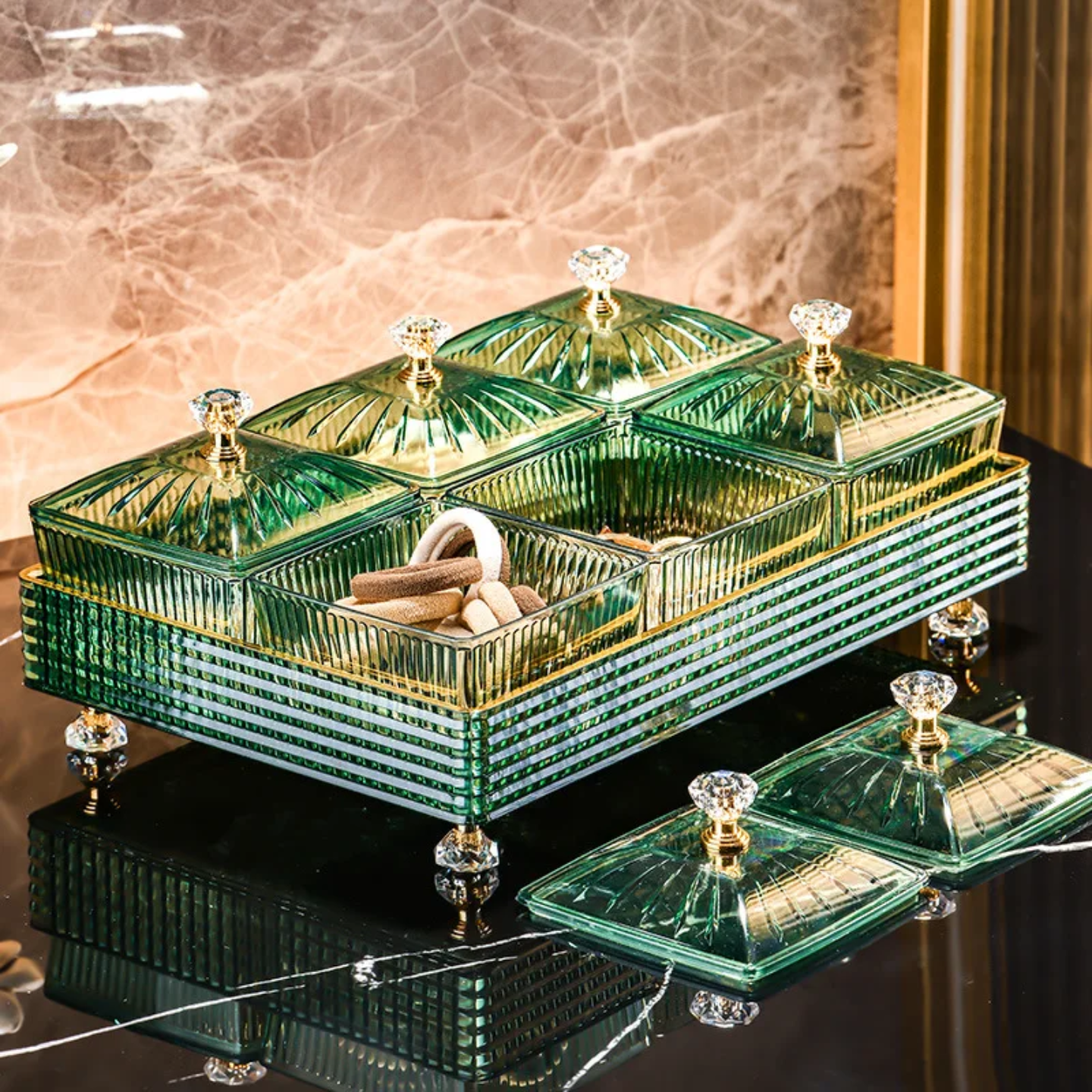 Divided Serving Dishes with Tray with Candies and Nuts.